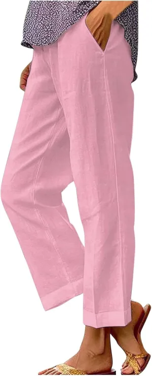 Womens Cropped Linen Pants Summer Elastic Waist Straight Leg Oversized Crop Pants Casual Trousers with Pockets