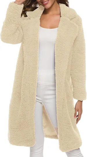 Womens Fashion Solid Length Wool Coat Long Sleeve Open Front Outwear Casual Warm Loose Overcoat Outdoor Winter Clothes