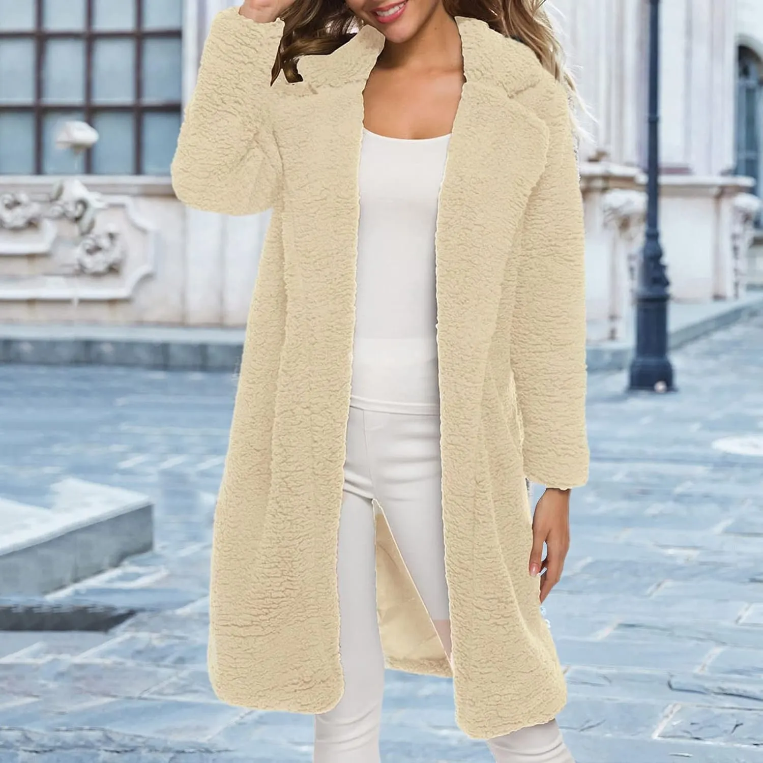 Womens Fashion Solid Length Wool Coat Long Sleeve Open Front Outwear Casual Warm Loose Overcoat Outdoor Winter Clothes