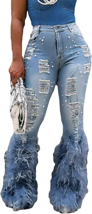 Women's Flare Ripped Pearl Jeans High Waisted Feather Bell Bottom Y2K Distressed Denim Pants Streetwear