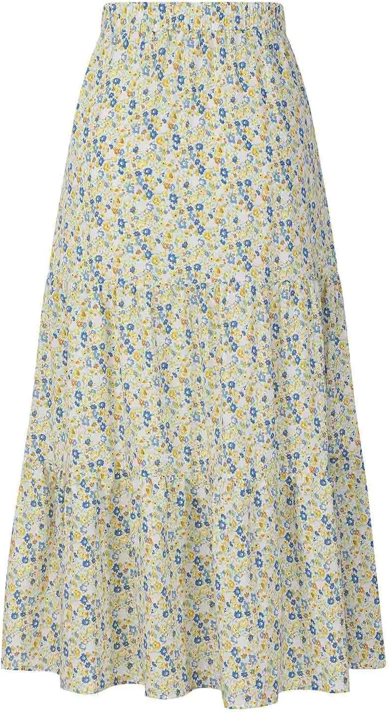 Womens Flowy Summer Skirts Floral Maxi Skirts A Line Long Skirts Elastic Waist Trendy Tiered Skirs Boho Beach Skirt