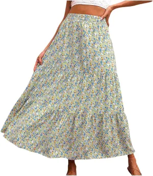 Womens Flowy Summer Skirts Floral Maxi Skirts A Line Long Skirts Elastic Waist Trendy Tiered Skirs Boho Beach Skirt