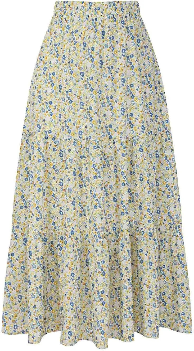 Womens Flowy Summer Skirts Floral Maxi Skirts A Line Long Skirts Elastic Waist Trendy Tiered Skirs Boho Beach Skirt