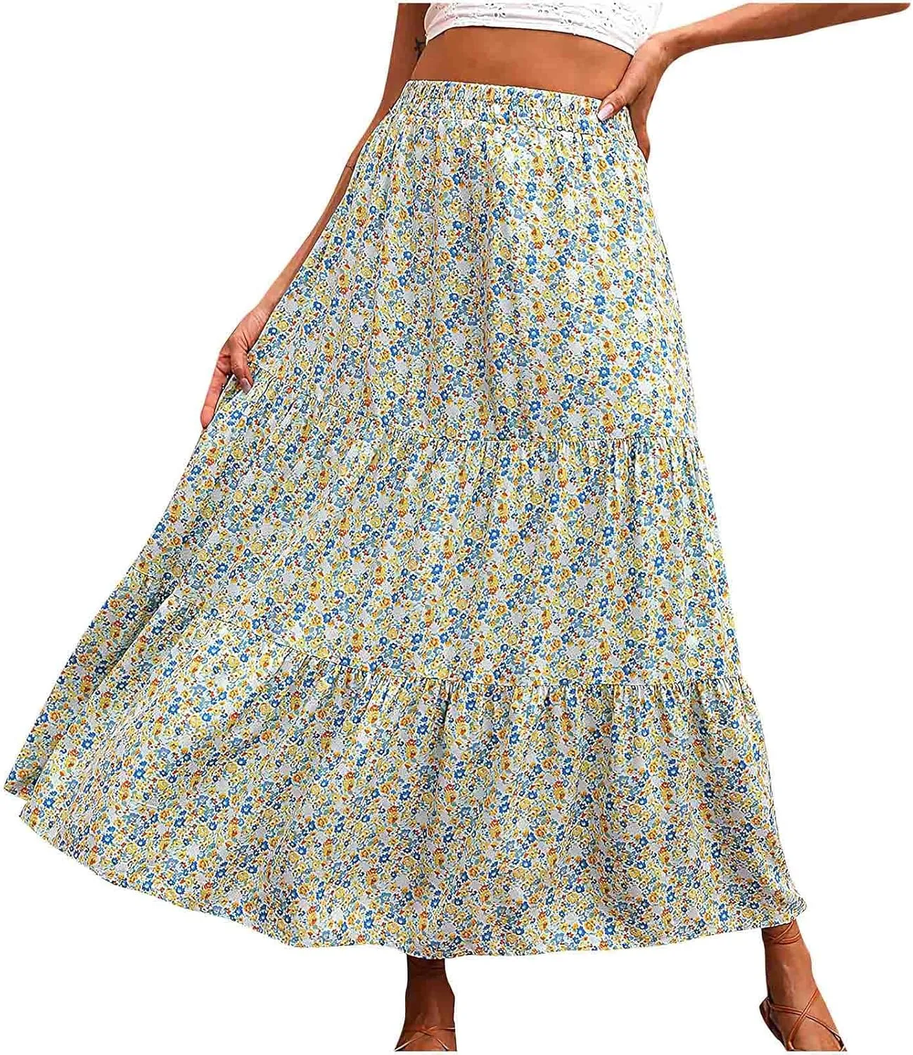 Womens Flowy Summer Skirts Floral Maxi Skirts A Line Long Skirts Elastic Waist Trendy Tiered Skirs Boho Beach Skirt