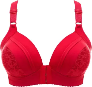 Women's Front Closure Lace Bra, No Underwire Unlined Plus Size Lacy Full Coverage Bralettes for Women with Support