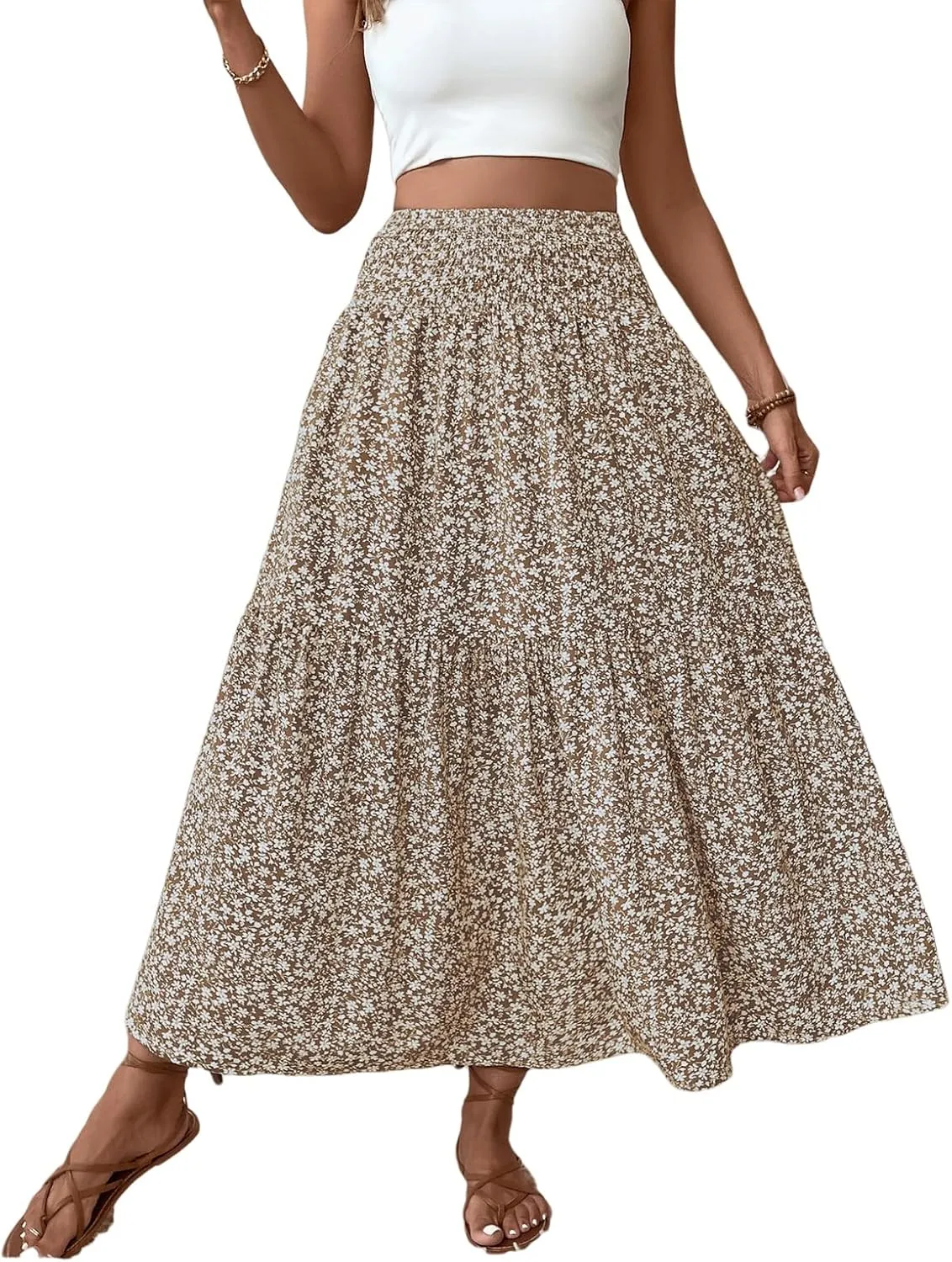 Womens High Elastic Waisted Skirts Summer Pleated Floral A-Line Midi Skirts Lightweight Boho Swing Flowy Skirt