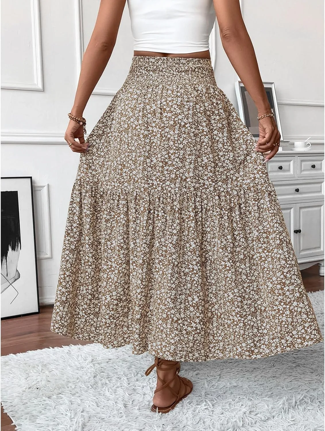 Womens High Elastic Waisted Skirts Summer Pleated Floral A-Line Midi Skirts Lightweight Boho Swing Flowy Skirt