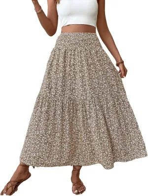 Womens High Elastic Waisted Skirts Summer Pleated Floral A-Line Midi Skirts Lightweight Boho Swing Flowy Skirt