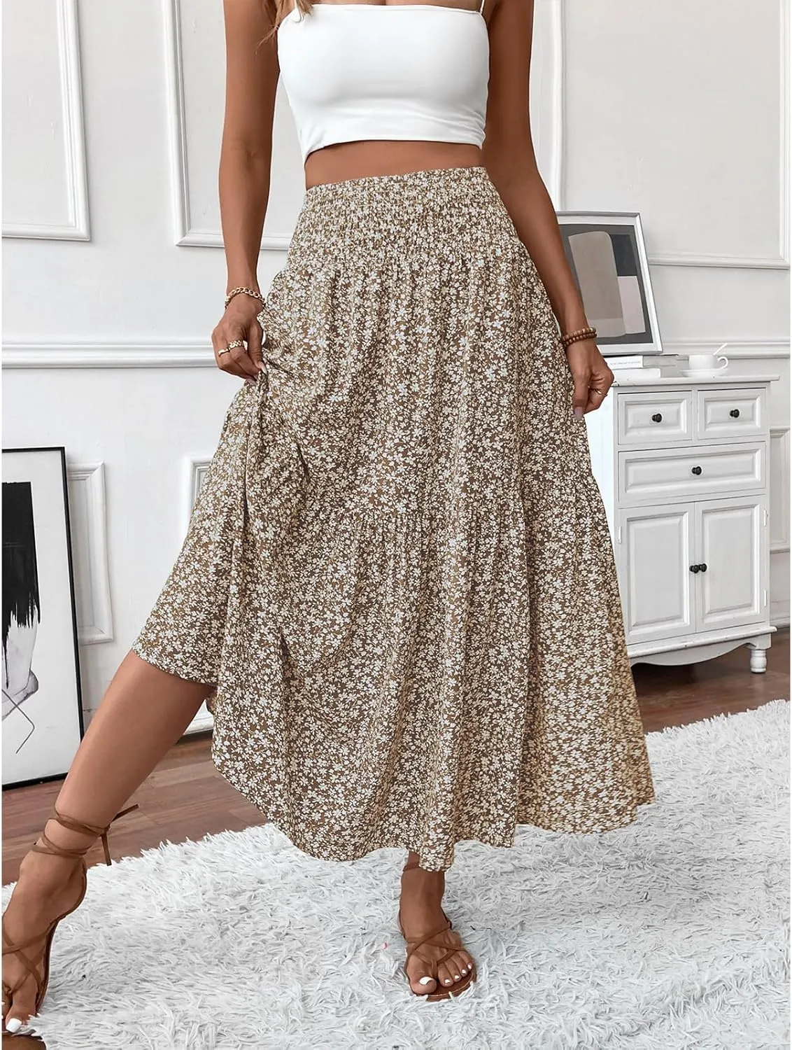 Womens High Elastic Waisted Skirts Summer Pleated Floral A-Line Midi Skirts Lightweight Boho Swing Flowy Skirt