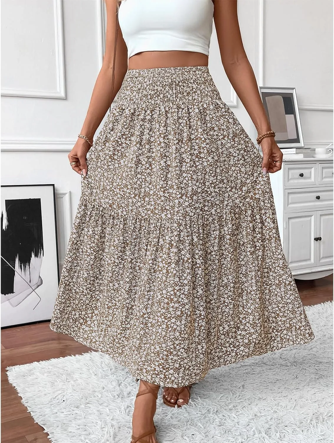 Womens High Elastic Waisted Skirts Summer Pleated Floral A-Line Midi Skirts Lightweight Boho Swing Flowy Skirt