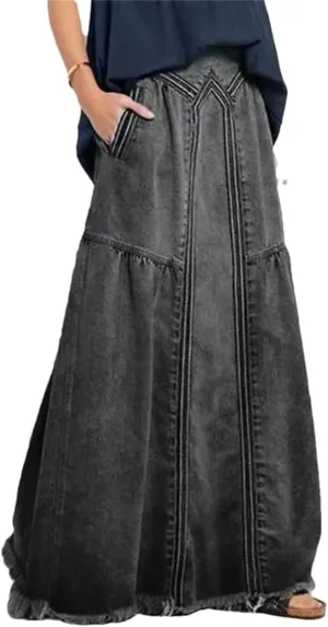 Women's High Full Length Skirts Loose Fit Vintage Bottoms Boho Denim High Waist Frayed Maxi Skirts
