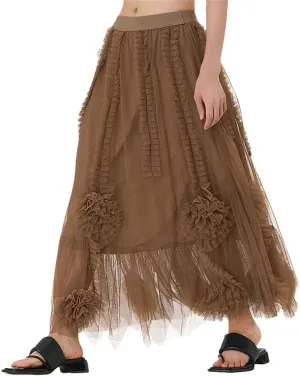 Women's High Waist Mesh Tutu Skirts Layered Solid Color Loose Fit Bottoms Vintage Floral Midi Skirt