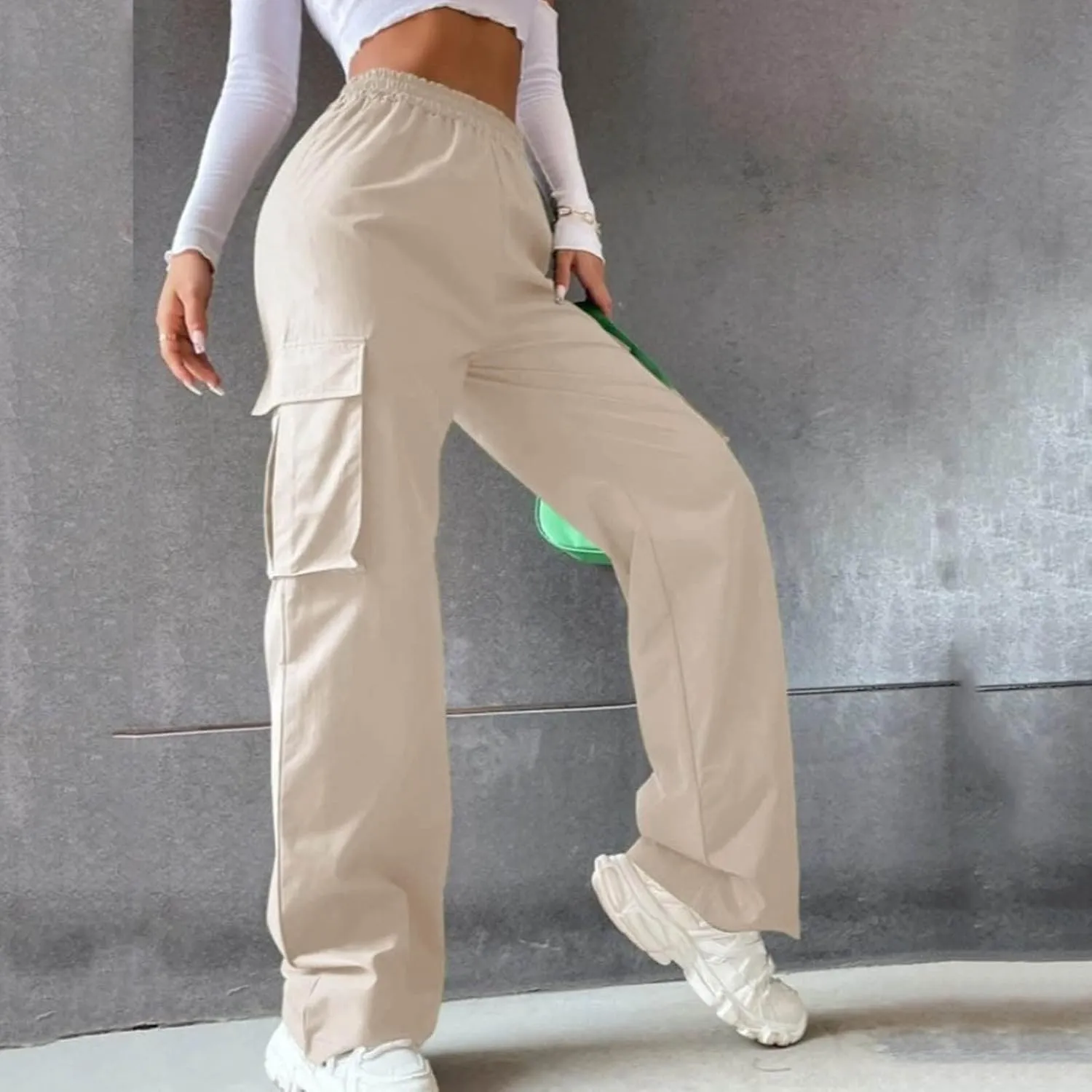 Women's High Waisted Cargo Pants Wide Leg Casual Pants Multi Pockets Straight Trousers Combat Military Trousers