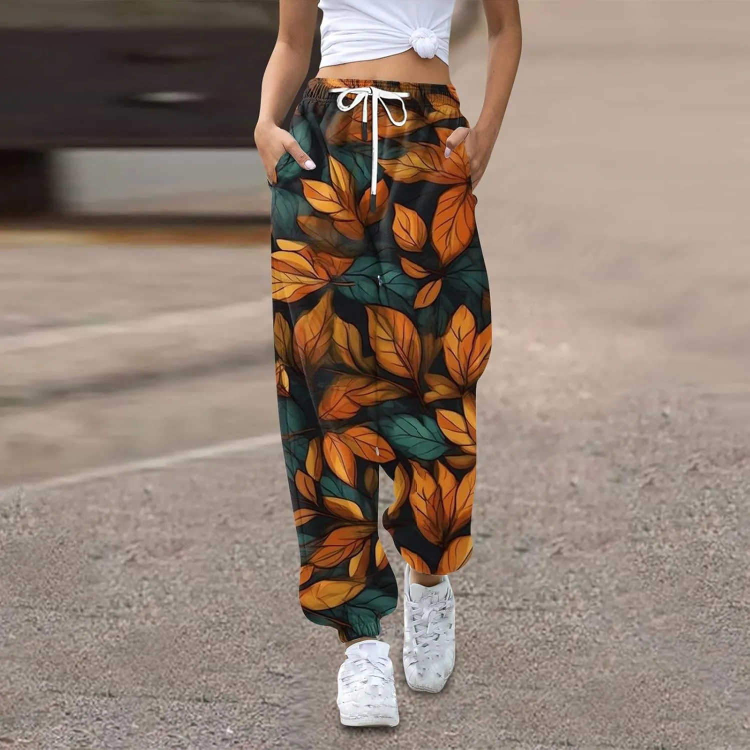 Women's High Waisted Sweatpants Workout Active Joggers Pants Bottoms Leaf Print Fall Fashion Outfits Y2k Clothes 2025
