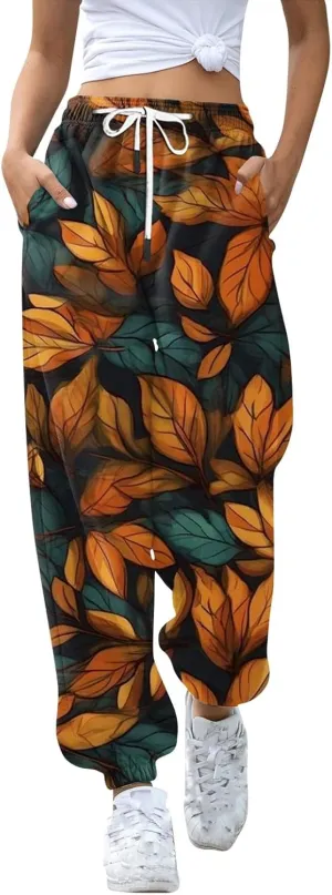 Women's High Waisted Sweatpants Workout Active Joggers Pants Bottoms Leaf Print Fall Fashion Outfits Y2k Clothes 2025