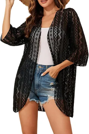 Women's Lace Hollow Out Sheer Short Sleeve Open Front Kimono Cardigan Summer Casual Loose Fit Beach Swimwear Cover Ups