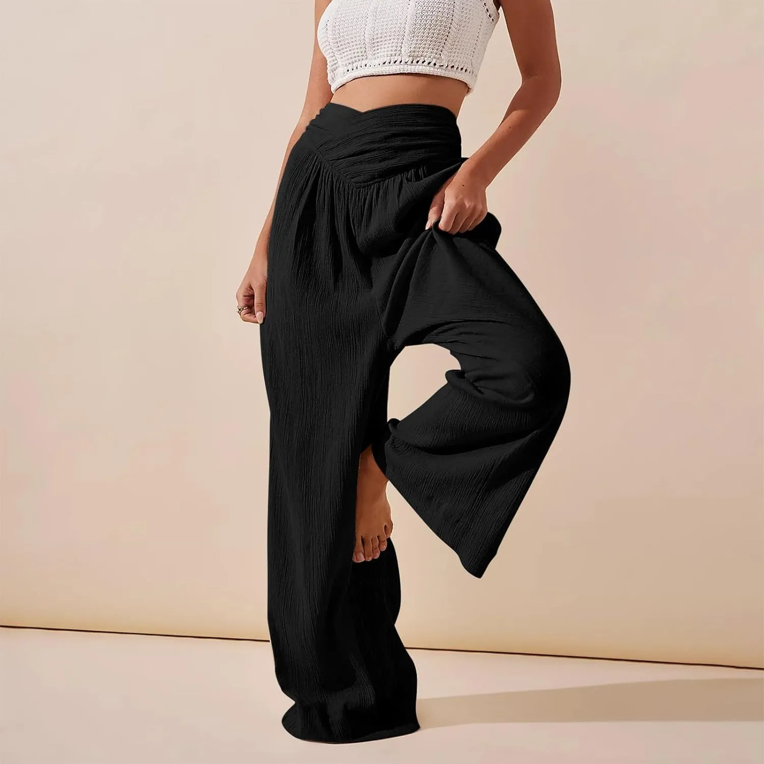 Womens Linen Pants Crossover High Waisted Wide Leg Pants Summer Casual Beach Pants Flowy Palazzo Pants with Pockets