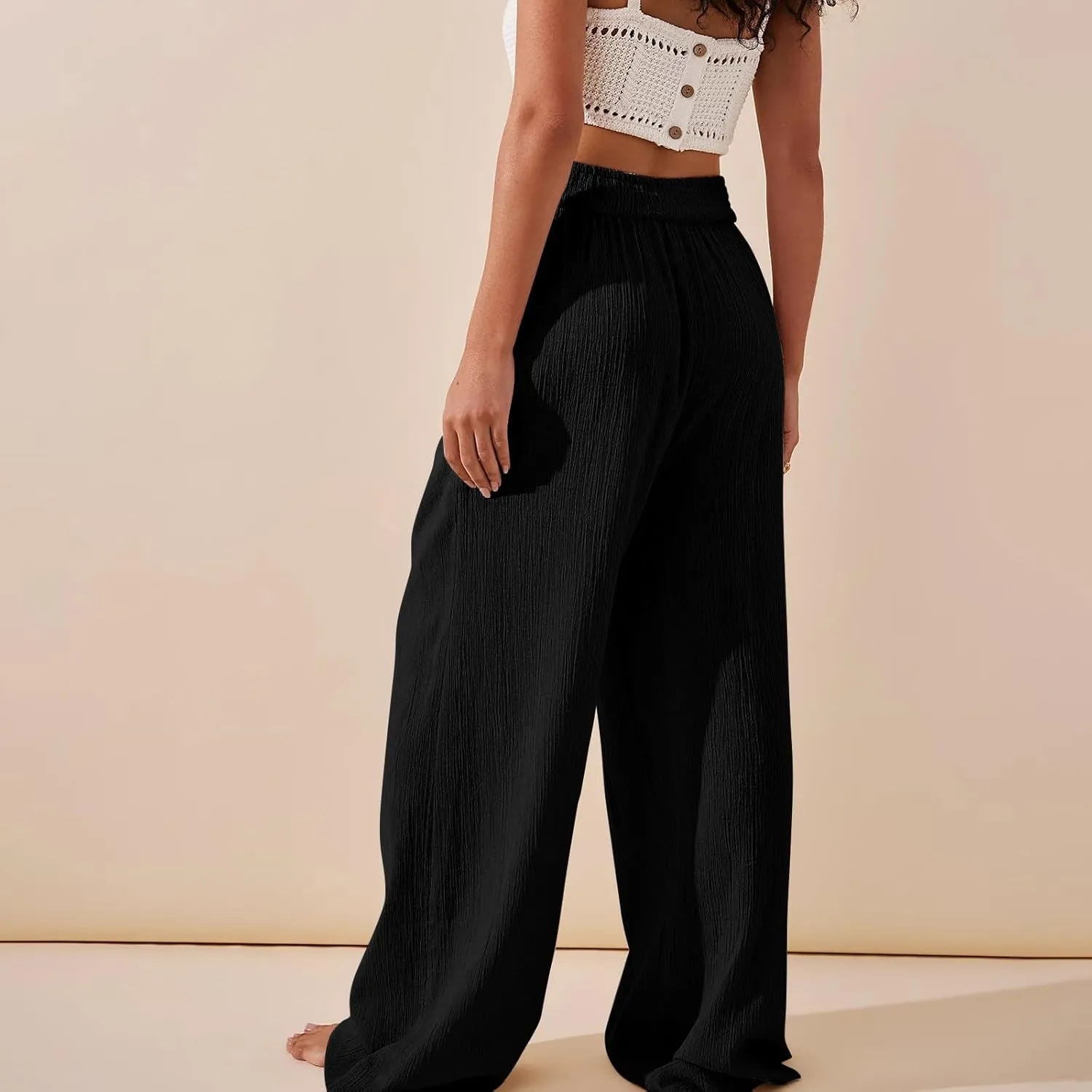 Womens Linen Pants Crossover High Waisted Wide Leg Pants Summer Casual Beach Pants Flowy Palazzo Pants with Pockets