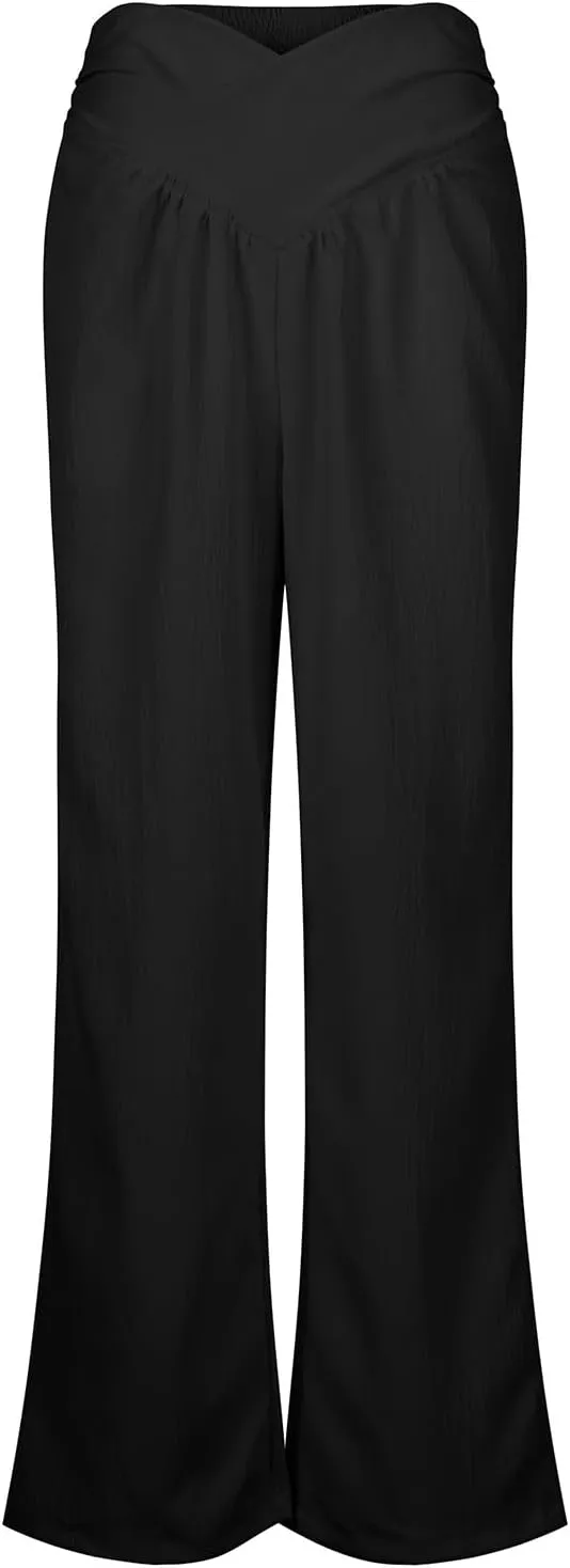Womens Linen Pants Crossover High Waisted Wide Leg Pants Summer Casual Beach Pants Flowy Palazzo Pants with Pockets