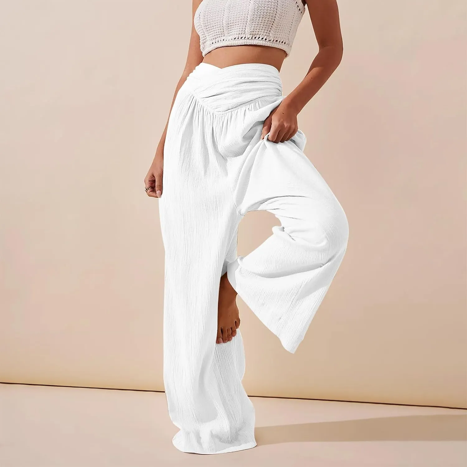 Womens Linen Pants Flowy Crossover Wide Leg Pants Palazzo Pants with Pockets High Waisted Summer Beach Pants 2024