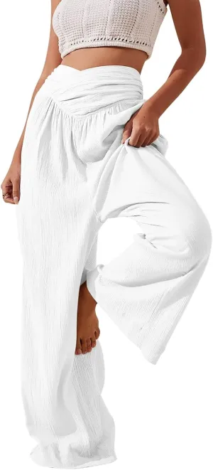 Womens Linen Pants Flowy Crossover Wide Leg Pants Palazzo Pants with Pockets High Waisted Summer Beach Pants 2024