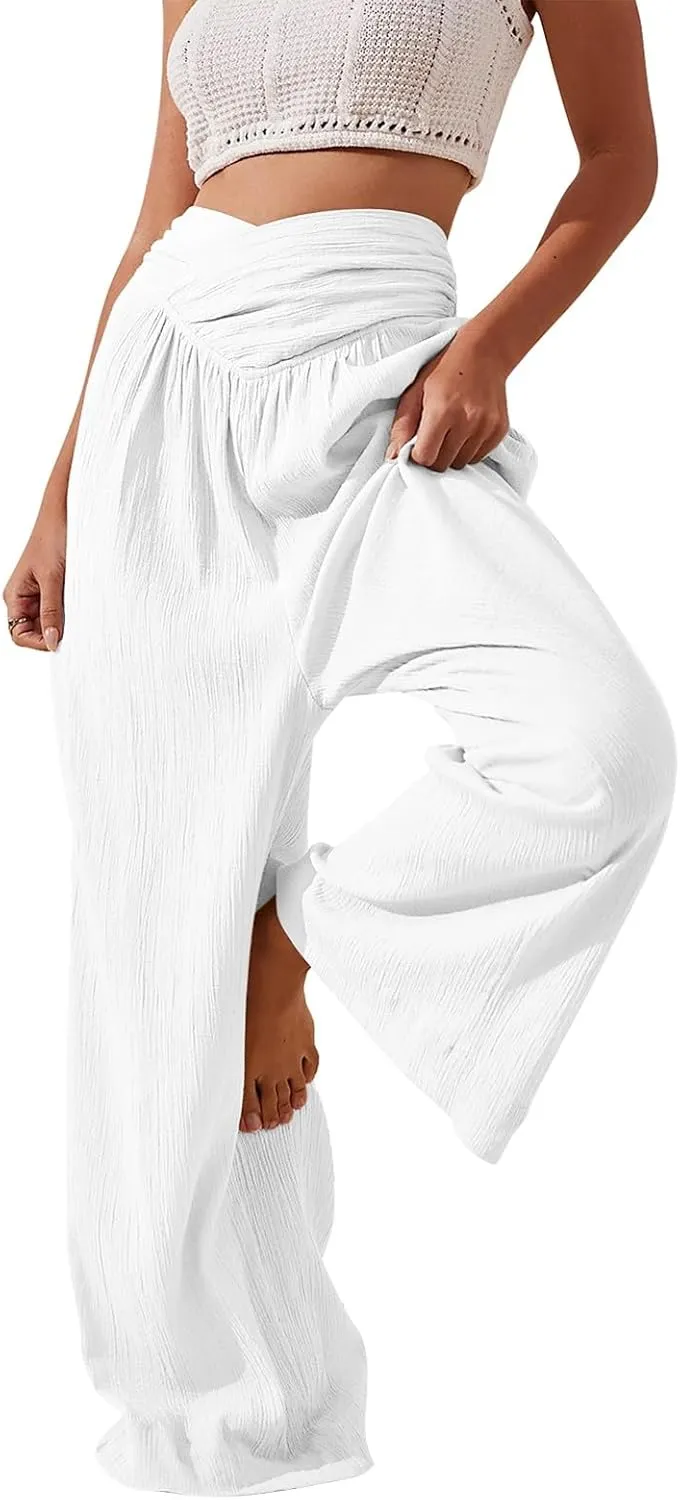 Womens Linen Pants Flowy Crossover Wide Leg Pants Palazzo Pants with Pockets High Waisted Summer Beach Pants 2024
