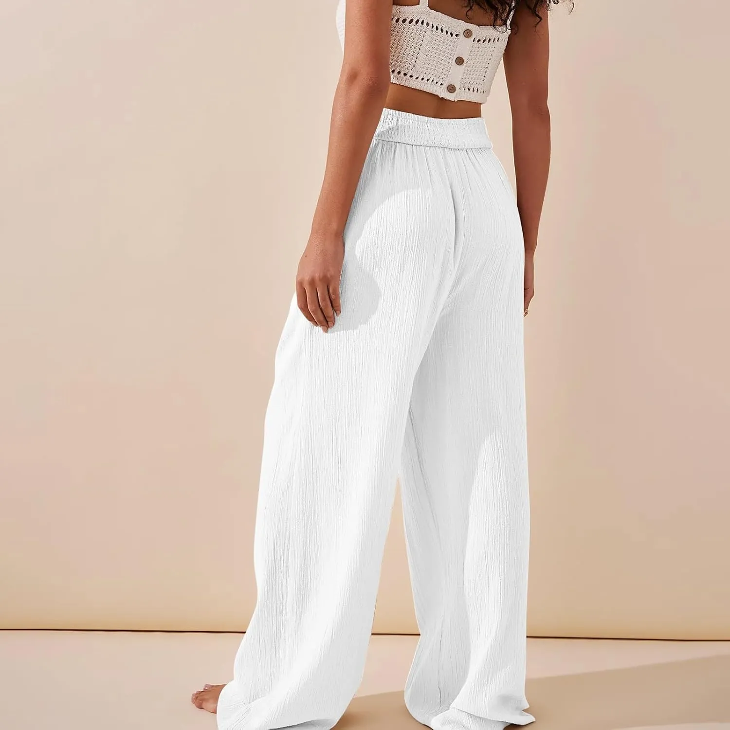 Womens Linen Pants Flowy Crossover Wide Leg Pants Palazzo Pants with Pockets High Waisted Summer Beach Pants 2024