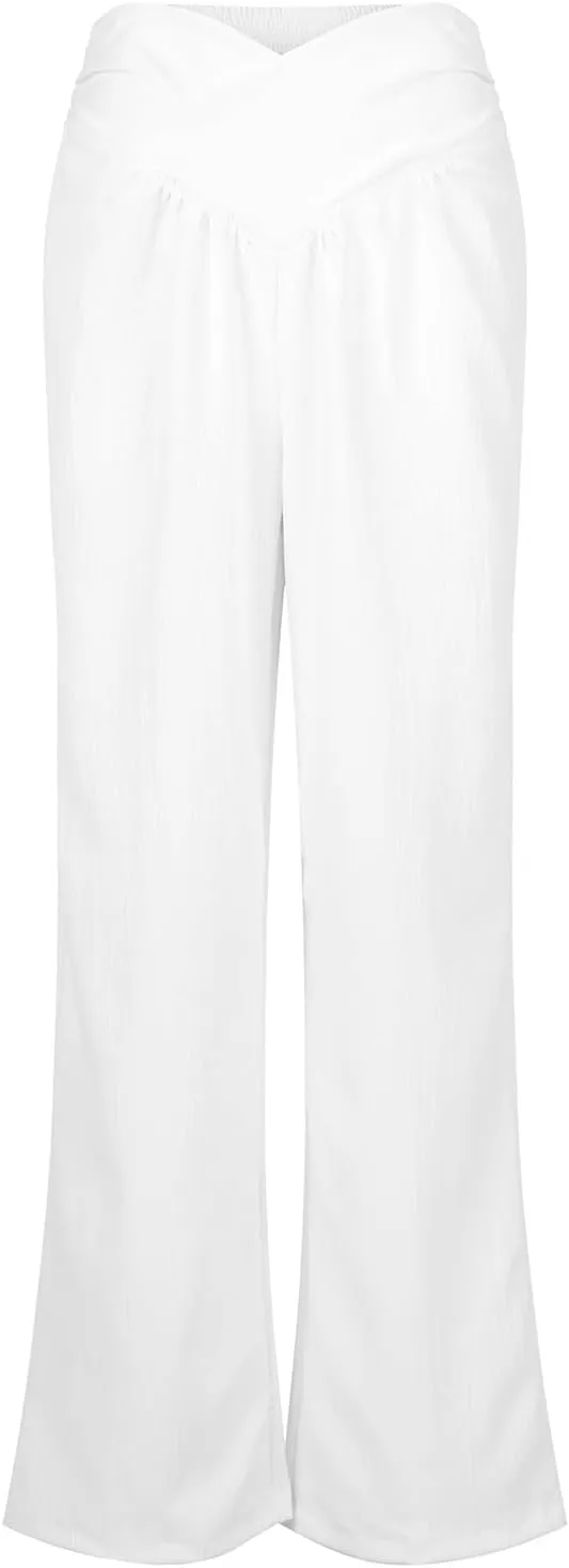 Womens Linen Pants Flowy Crossover Wide Leg Pants Palazzo Pants with Pockets High Waisted Summer Beach Pants 2024