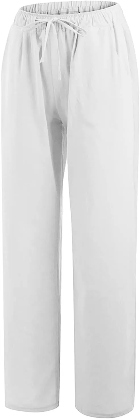 Womens Linen Pants High Waisted Casual Pants Straight Leg Drawstring Pants with Pockets Summer Beach Palazzo Pants Trousers
