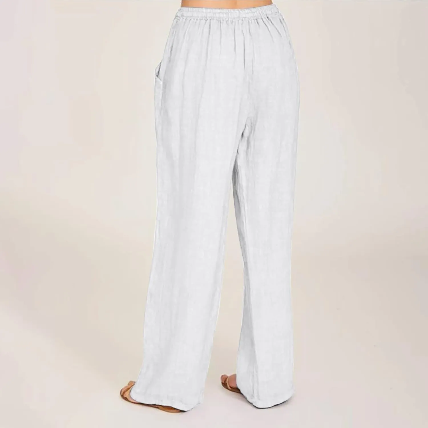 Womens Linen Pants High Waisted Casual Pants Straight Leg Drawstring Pants with Pockets Summer Beach Palazzo Pants Trousers