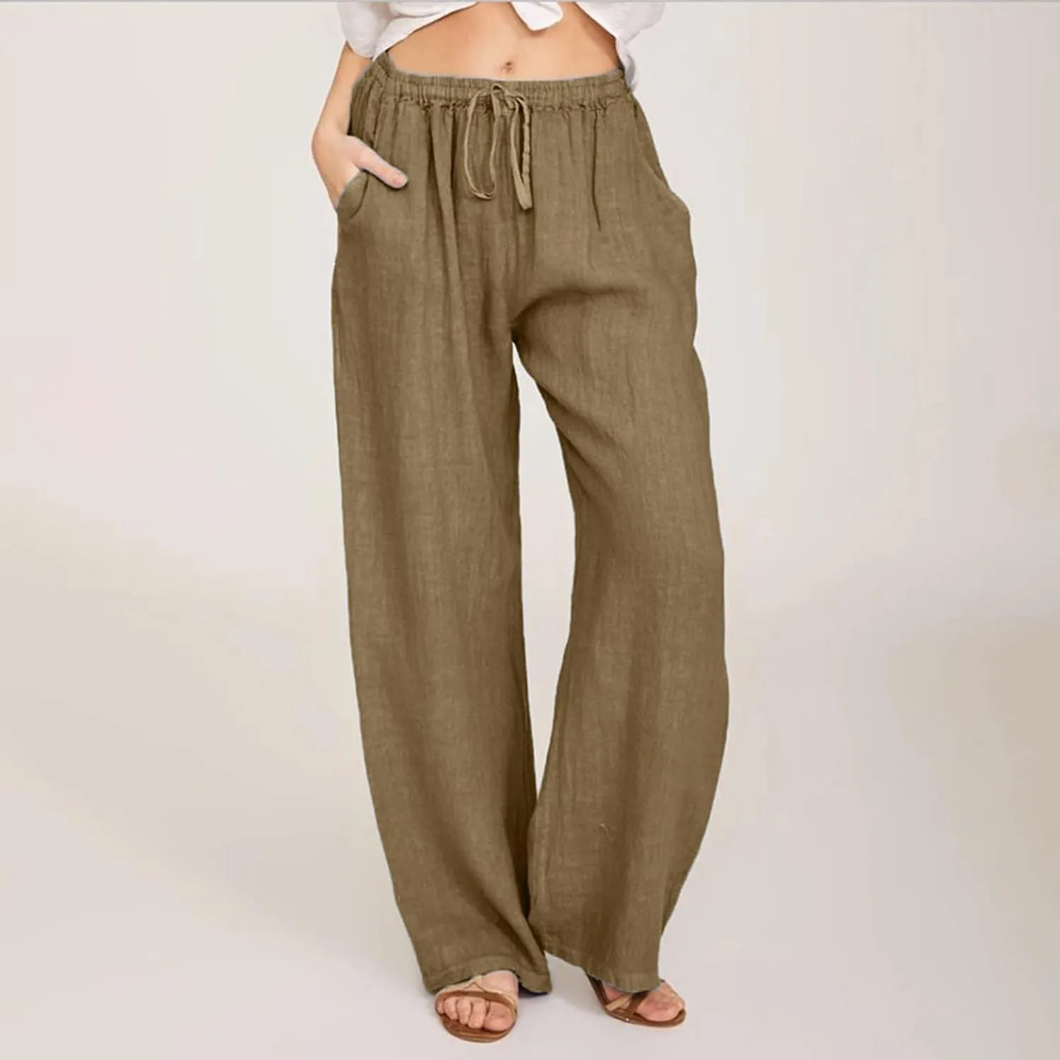 Womens Linen Pants High Waisted Casual Pants Straight Leg Drawstring Pants with Pockets Summer Beach Palazzo Pants Trousers