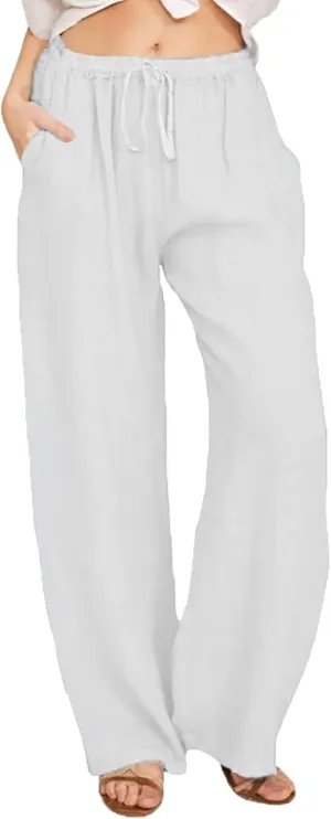 Womens Linen Pants High Waisted Casual Pants Straight Leg Drawstring Pants with Pockets Summer Beach Palazzo Pants Trousers