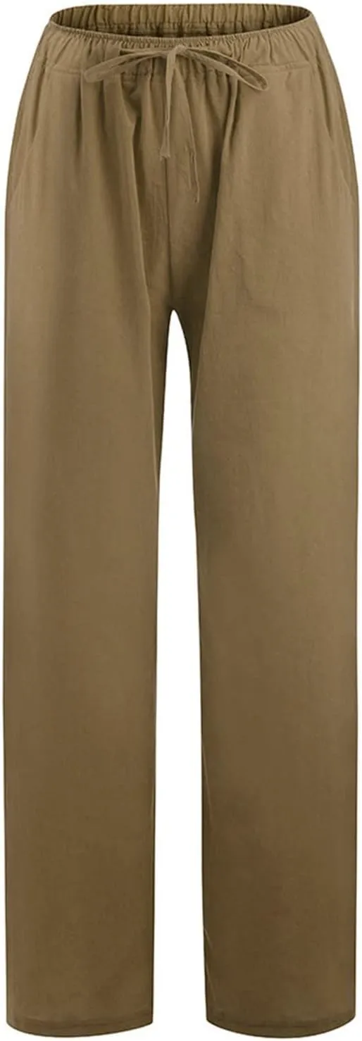 Womens Linen Pants High Waisted Casual Pants Straight Leg Drawstring Pants with Pockets Summer Beach Palazzo Pants Trousers