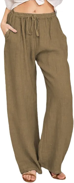 Womens Linen Pants High Waisted Casual Pants Straight Leg Drawstring Pants with Pockets Summer Beach Palazzo Pants Trousers