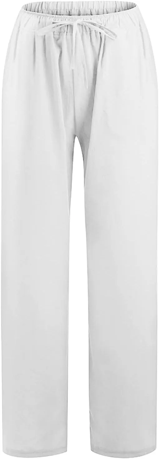 Womens Linen Pants High Waisted Casual Pants Straight Leg Drawstring Pants with Pockets Summer Beach Palazzo Pants Trousers