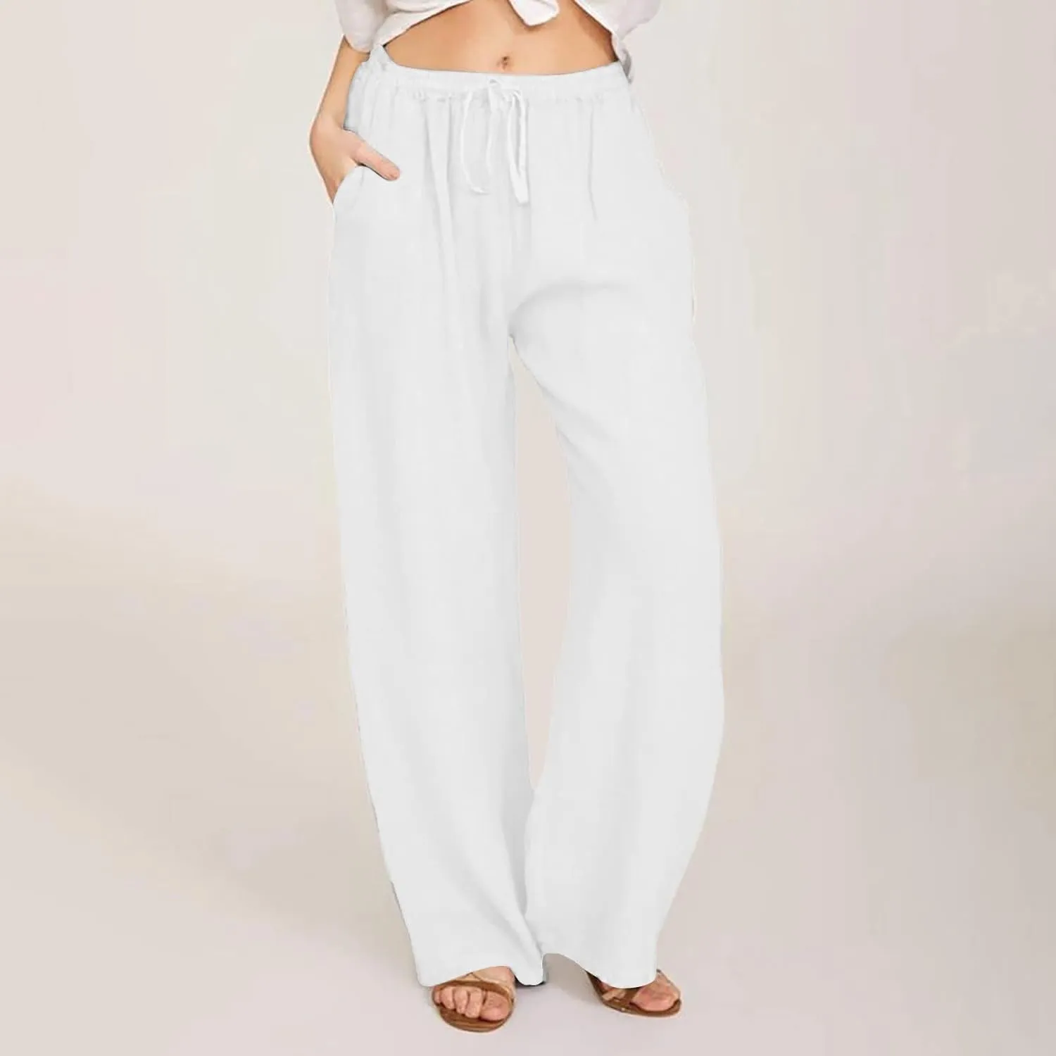 Womens Linen Pants High Waisted Casual Pants Straight Leg Drawstring Pants with Pockets Summer Beach Palazzo Pants Trousers
