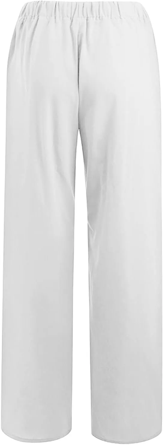 Womens Linen Pants High Waisted Casual Pants Straight Leg Drawstring Pants with Pockets Summer Beach Palazzo Pants Trousers