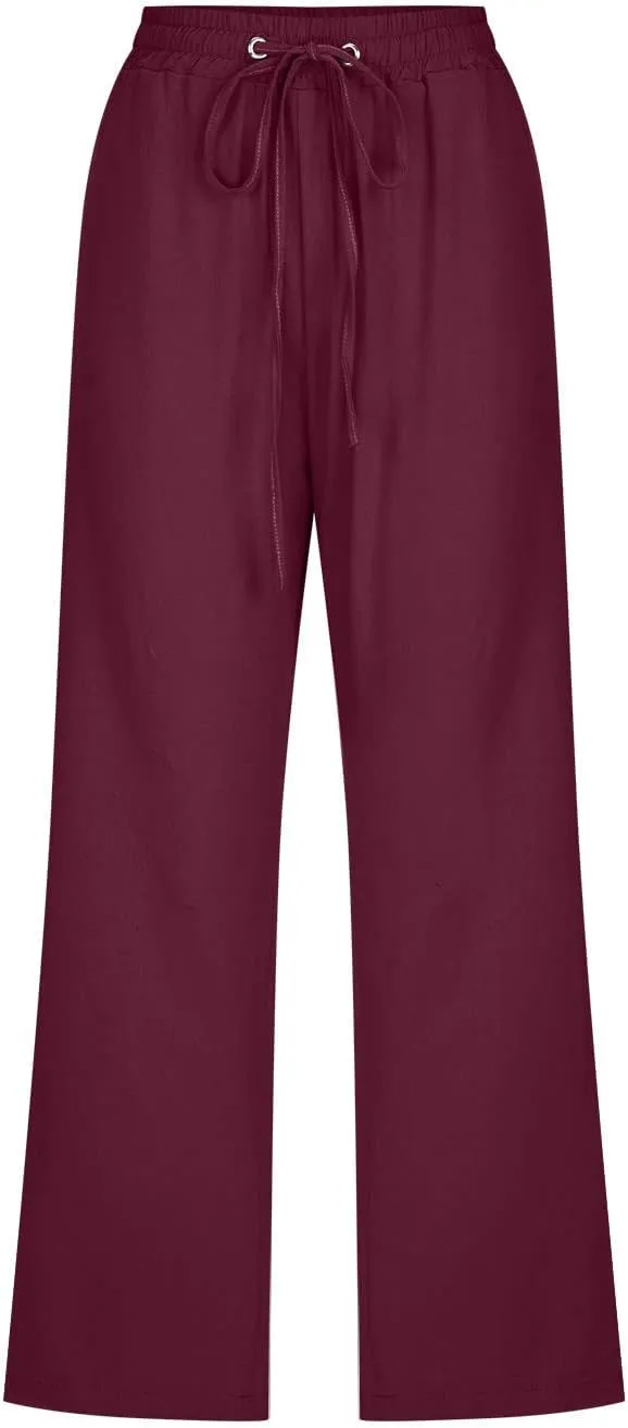 Womens Linen Pants with Pockets Palazzo Pants Casual Loose Lounge Pants Straight Leg Comfy Trousers Boho Beach Pants