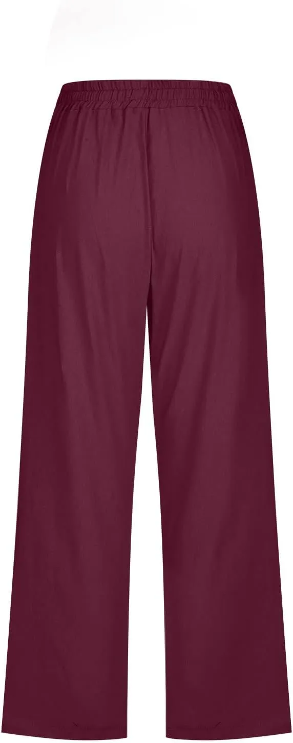 Womens Linen Pants with Pockets Palazzo Pants Casual Loose Lounge Pants Straight Leg Comfy Trousers Boho Beach Pants