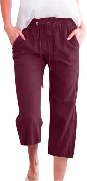Womens Linen Pants with Pockets Palazzo Pants Casual Loose Lounge Pants Straight Leg Comfy Trousers Boho Beach Pants