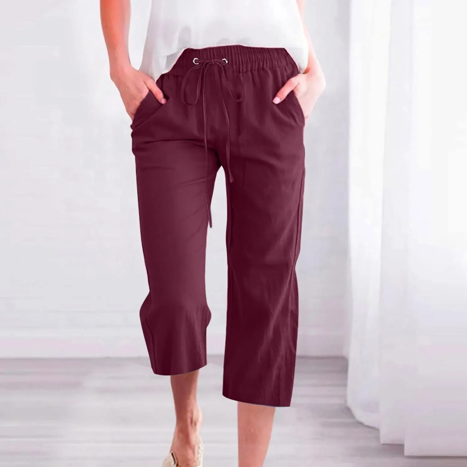 Womens Linen Pants with Pockets Palazzo Pants Casual Loose Lounge Pants Straight Leg Comfy Trousers Boho Beach Pants