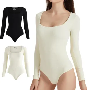Women's Long Sleeve Bodysuit with Ruched Square Neck, Perfect for Fitness, Yoga and Jumpsuit Outfits.