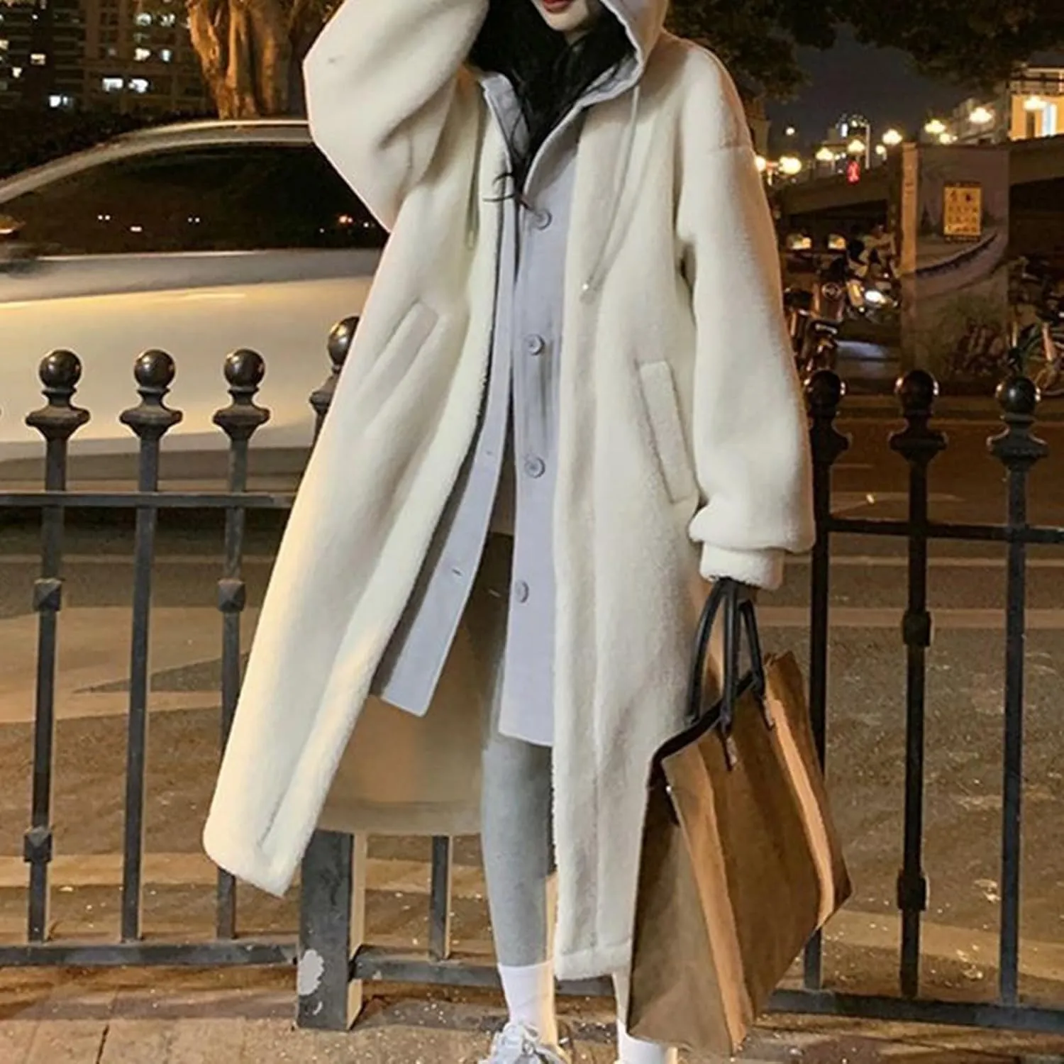 Women's Long Wool Coats Long Sleeve Oversized Hoodie Jacket Pockets Drawstring Winter Warm Trench Casual Outerwear