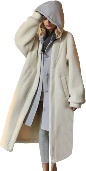 Women's Long Wool Coats Long Sleeve Oversized Hoodie Jacket Pockets Drawstring Winter Warm Trench Casual Outerwear