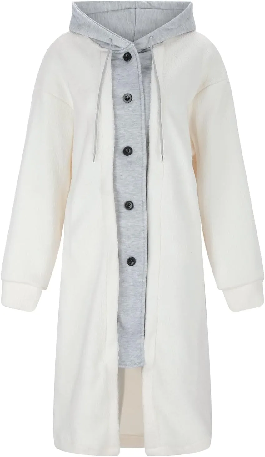 Women's Long Wool Coats Long Sleeve Oversized Hoodie Jacket Pockets Drawstring Winter Warm Trench Casual Outerwear