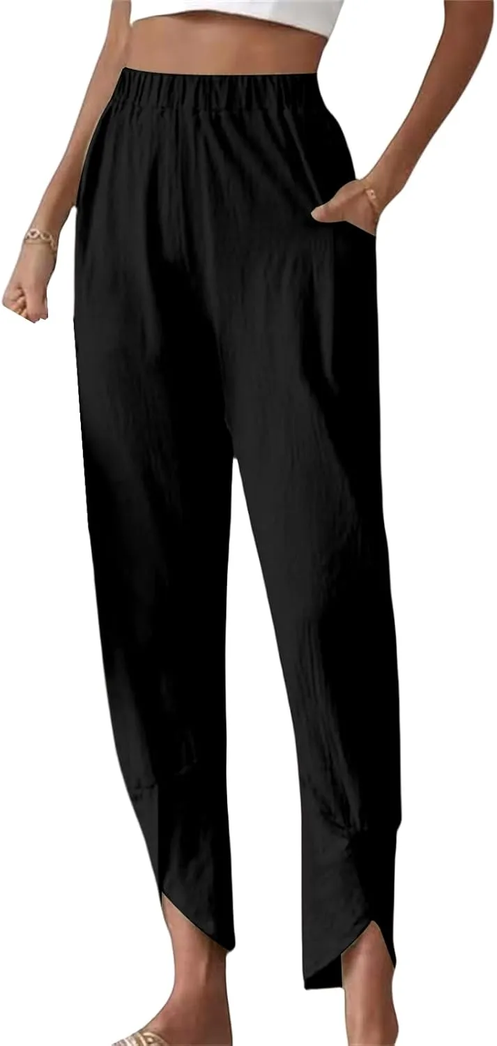 Women’s Loose Casual Wide Leg Pants Stylish High Waisted Summer Lounge Tapered Cropped Trousers with Pockets