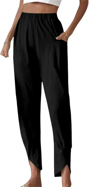 Women’s Loose Casual Wide Leg Pants Stylish High Waisted Summer Lounge Tapered Cropped Trousers with Pockets