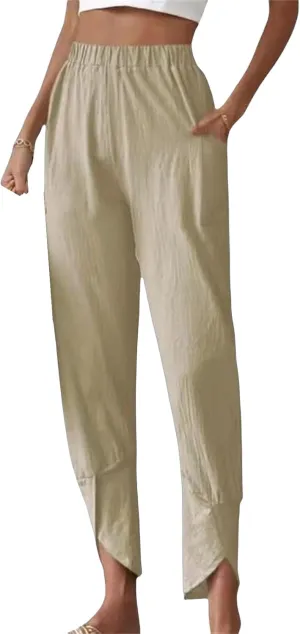 Women’s Loose Casual Wide Leg Pants Stylish High Waisted Summer Lounge Tapered Cropped Trousers with Pockets