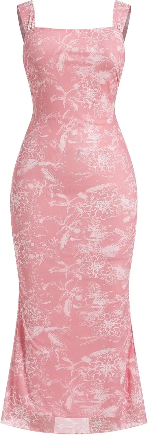 Women's Mesh Floral Ruched Bodycon Midi Dress Sleeveless Cami Dress Formal Cocktail Prom Backless Swing Dresses