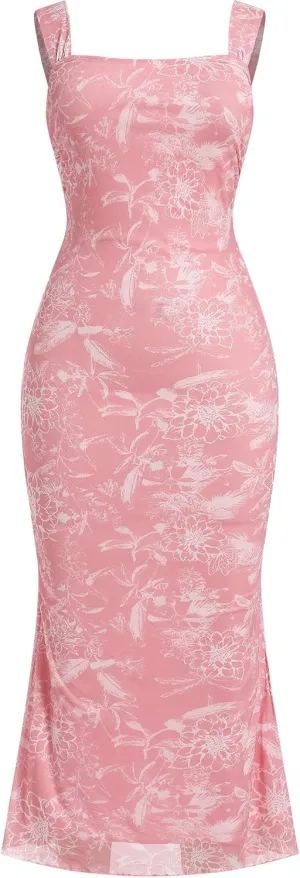 Women's Mesh Floral Ruched Bodycon Midi Dress Sleeveless Cami Dress Formal Cocktail Prom Backless Swing Dresses